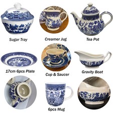 BLUE WILLOW CHURCHILL PLATES MUGS SUGAR TRAY GRAVY BOAT CREAMER JUG DINNER