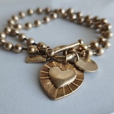 Canvas Gold-Tone Beaded Heart Charm Bracelet | Double Strand | 7" Toggle Clasp