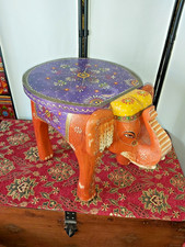 VINTAGE INDIAN HAND PAINTED SOLID WOOD ELEPHANT STOOL / TABLE