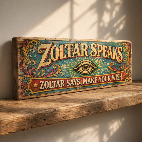 Zoltar speaks wood 28cm sign - speaks,
