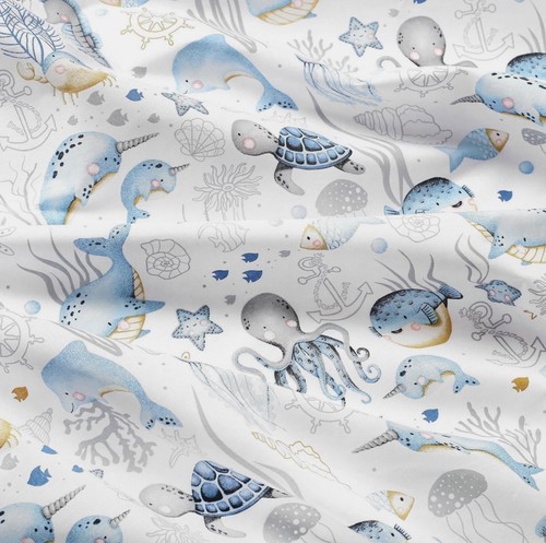 Blue sea life cotton fabric - life,
