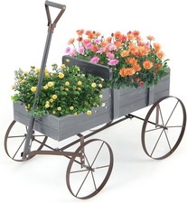 Decorative Wooden Garden Wagon Planter Cart with Wheels Rotatable Handle Grey