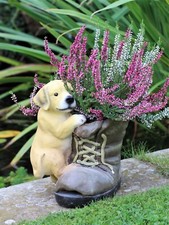 Garden Ornaments Flower Pot Planter Animal Puppy Dog With Boot Decor