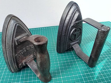 TWO Antique No 5 Flat Irons: Siddons + Latin Cross Cast Iron Press Door Stopper