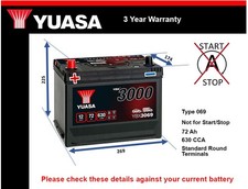 Battery fits BEDFORD CHEVANNE KB HA RASCAL CF MIDI Yuasa 069 630A 72Ah