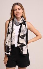 100% Silk Scarf in Black and White Floral Print