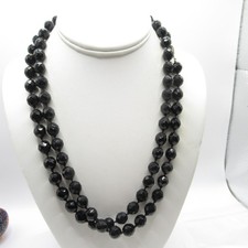 Long Black Jet Crystal Beaded Hand-Knotted Necklace Honeycomb Pattern Multifacet