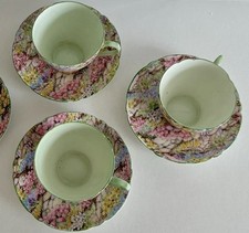 Art Deco Antique Vintage Shelley Bone China Rock Garden Chintz 3 Cups & 6Saucer