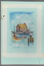 FATHERS DAY Fishing Boat w/ Seagull & Boathouse 7.5x11 Greeting Card Art #FD7670