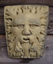 Frosty Green Man wall plaque STONE garden ornament 17cm/6.5"H + FREE GIFT!