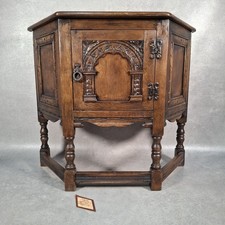 Old Charm Wood Bros Oak Hall Stand Cabinet – Carved Tudor Style Side Cupboard