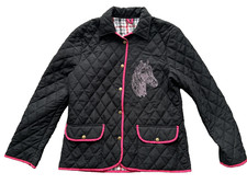PUNKYFISH Black Quilted Jacket-Pink Trim & Bead Horse Motifs Front & Back-Size L