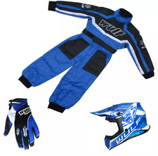 Kids Blue Wulfsport Kit Wulf MX Motocross Set Quad Karting Suit, Gloves & Helmet