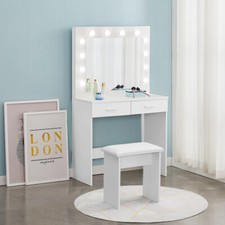 White Dressing Table Makeup Desk With LED Mirror Stool 2 Drawers Bedroom  Modern