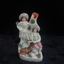 Staffordshire Figure Good Painted Couple   with Goat Mantel Vase Victorian  8"
