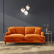 Orange Velvet Sofa 3 Seater Foam Filled with Saddle Arms Dark Wood Gold Legs
