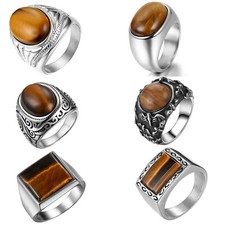 Mens Tiger Eye Stone Ring Stainless Steel Signet Wedding Band Size 7-13