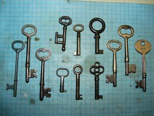 12 ANTIQUE SKELETON, FURNITURE, BARREL, CABINET AND OLD LOCK KEYS