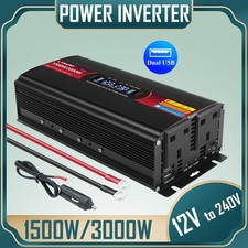 1500W/3000W Power Inverter 12V to 240V Converter 2USB 2AC LCD for Camping Boat