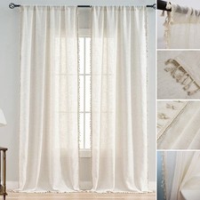 Vintage Sheer Curtains Panel Rod Pocket Cotton Linen Cream Curtains Tassel Party