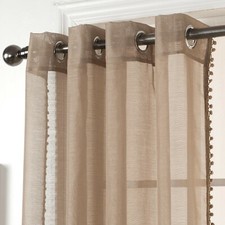 1 Pair (2) POM POM Trim Linen Look Sheer Voile Eyelet Ring Top Curtains - LATTE