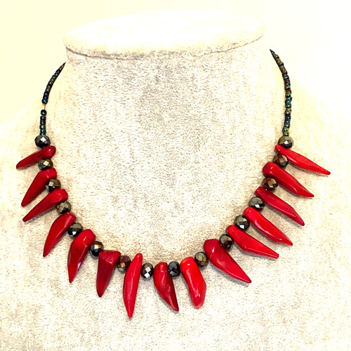 Red coral necklace silver - , tone