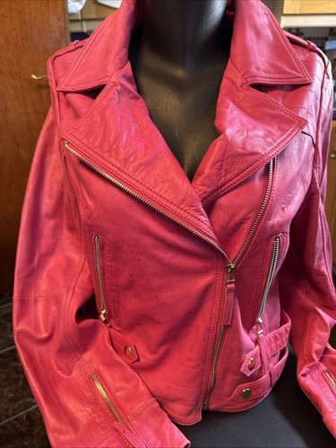 Pink leather biker jacket - leather,