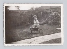 Old B&W Photo Small Boy sitting in Tiny Wooden Wheelbarrow in Garden