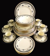 Minton Grasmere Dinner Service Set for 6. Bone China Plates Cups Bowls. Blue VTG