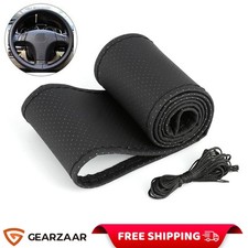 Leather Car Steering Wheel Cover Hand Sewing Non-Slip For 15"/38 cm Dia Black UK