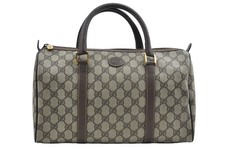 Authentic GUCCI Boston Hand Bag GG PVC Leather Brown L2770