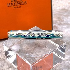 Vintage Hermes Bangle Bracelet Green Enamel Dolphin Silver Rim Size 65 with Box