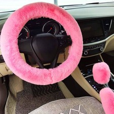 3Pcs-Set Car Steering Wheel Cover Soft Plush Pink Furry Fluffy Winter Accessory