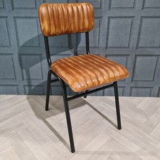 Vintage Industrial Dining Chairs Brown Genuine Real Leather Ribbed Metal Home