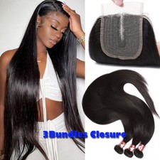 Swiss 4*4 Lace Closure Human Hair Extensions Braizlian 3Bundles Weave Weft THICK
