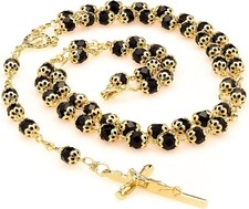 Rosary Necklace Black Onyx Prayer Beads 14K Yellow Gold Over 30" For Men's RARE