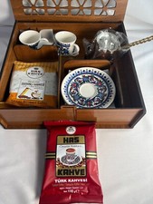 Turkish Coffee Gift Set for Two in Wooden Gift Box 200gr Coffee & coffee Pot UK