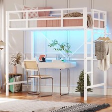 White Metal Loft Bed Twin Size with LED Lights Clothes Rack Stairs for Kids