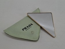Prada Beauty Pocket Mirror Silver Toned Triangle Compact in Green Pouch 9cm