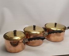 Vintage Jonart Copper Saucepans Brass Lids Set of 3 Matching Tinned READ DESC