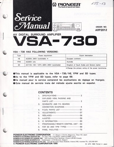 Pioneer vsa 730 service - pioneer, vsa-730
