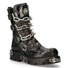 New Rock Unisex M.727-S1 Black Leather Boots Skull Chain Flame Reactor Boots