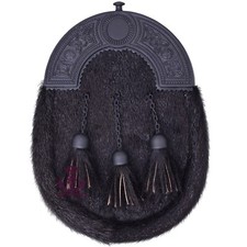 Scottish Full Dress Kilt Sporran Celtic Cantle Black Fur Sporran with Chain Belt