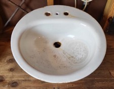 Vintage Mid Century 18" White Porcelain Cast Iron Round Drop in Sink