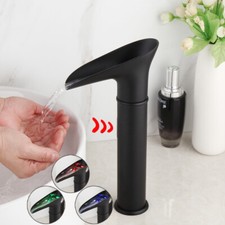 LED Black Touchless Bathroom Sink Mixer Sensor Faucet Waterfall Infrared Tap