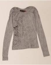 DESIGUAL Womens Abstract Pattern Graphic Top Long Sleeve UK 4 XS Grey AH02