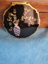 Vintage Stratton Compact – Black Enamel Gold Vase & Flowers Design 24#
