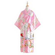 New Bride Long Women Kimono Robe Satin&Silk Night Dressing Gown 47inch Pink