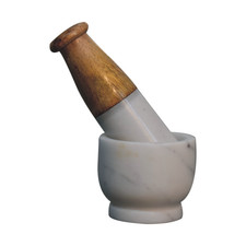Small White Marble & Light Brown Wood Pestle and Mortar Kitchen Accessory