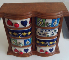 HAND PAINTED CERAMIC 8-DRAWER SPICE TRINKET CHEST :  WOOD INDIA 10" x 10" x3.5"